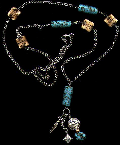 [Turquoise and ivory polymer clay spaced on a silver chain - 40K]