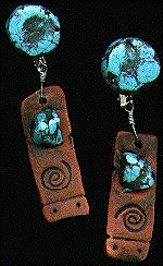 [Rectangular terra cotta dangle earrings with turquoise inlay]