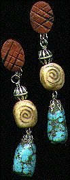 [Terra cotta, ivory, and turquoise pendant earrings]