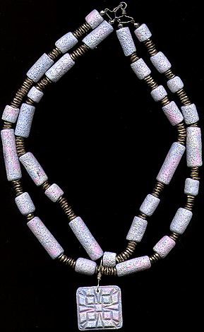 [Necklace with stone-textured beads and pendant in shades of blue, gray, and purple - 28K]